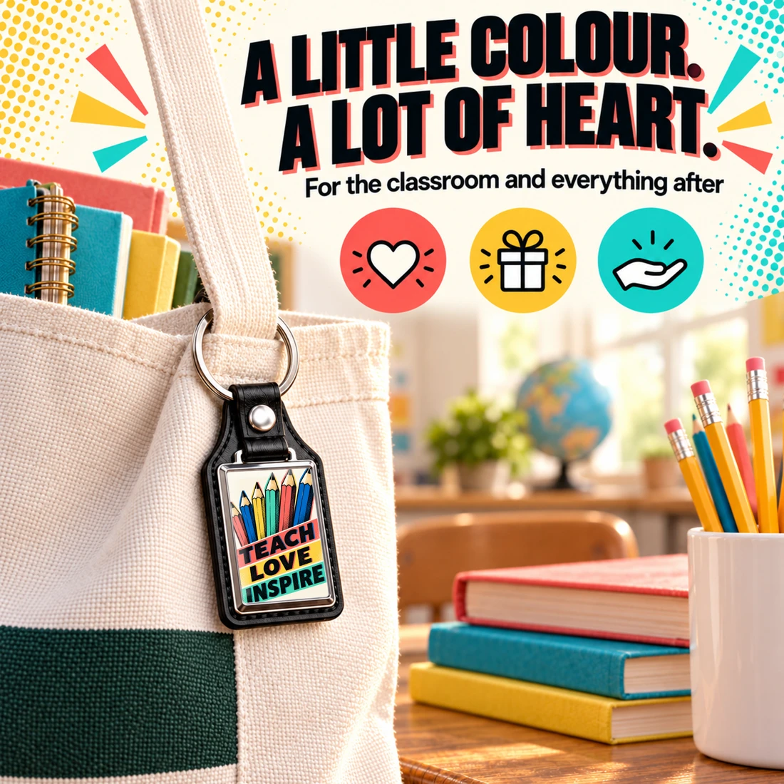 Teacher keychain shown in its classroom-inspired scene